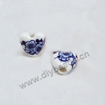 bead,porcelain,white and blue,15mm heart with hand-painted flower,sold per pkg of 50ps 