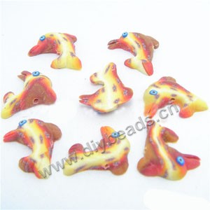 Bead, polymer clay, red/yellow, 15x13x4mm dolphin. Sold per pkg of 16.