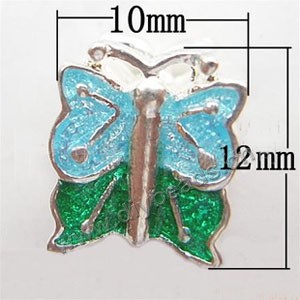 Charm, big-hole beads,silver-plated pewter and enameled ,green/turquoise blue, 10x12mm butterfly with  5mm hole. Sold per pkg of 10ps