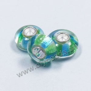 Bead,big-hole beads clear with green,lampworked glass with silver-finished brass,14x8m rondelle ,mini order 10pcs