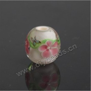 Bead,Japan lampworked glass,white with flower, 12x12mm round.mini order 100pc 
