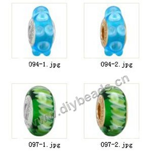 Bead,big-hole beads ,lampworked glass with silver-finished brass grommets,mixed colors and designs,6x12mm-8x14mm rondelle ,4mm spiral hole,sold per pkg of 10ps