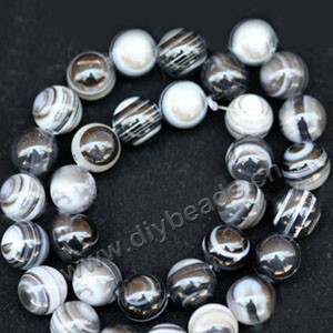 Bead, black agate (dyed),14mm  striped round. Sold per 16-inch strand.