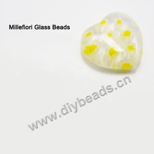 bead,millefiori glass,clear/yellow/white ,14x14x4mm flat heart,approximately 26ps/strand 