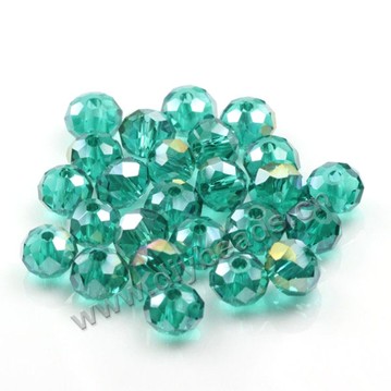 Bead, glass, AB peacock green, 6*8mm faceted rondelle, sold per pkg 5 strands-(72ps/strand).