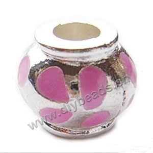 Bead, big-hole beads,silver-plated pewter and enameled , pink, 11x13mm drum with dots, 5mm hole. Sold per pkg of 10ps