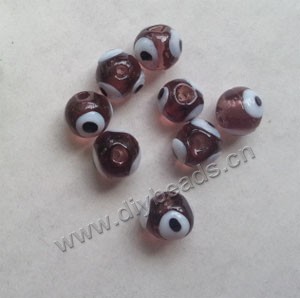 Bead, lampworked glass, coffee, 8mm round with 3 wards off  evil eye design. Sold per pkg of 20.