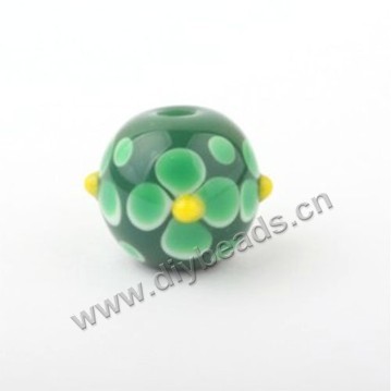 Bead,Japan lampworked glass,green with fower, 14x14mm round.mini order 100pc 
