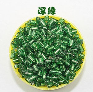 Bugle bead, glass,silver-lined,green ,#1 beads. Sold per pkg of 80 grams,approximately 4,500ps.