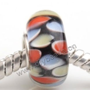 Bead, big-hole beads,Lampworked glass and 925 sterling silver grommet,black with flower, 14x7mm rondelle with 4.5 mm hole,sold per pkg of 50ps