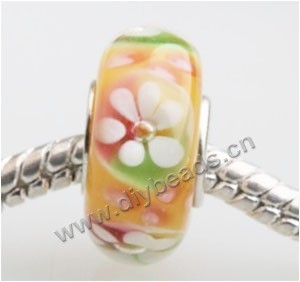 Bead, big-hole beads,Lampworked glass and 925 sterling silver grommet,yellow with flower, 14x7mm rondelle with 4.5 mm hole,sold per pkg of 50ps