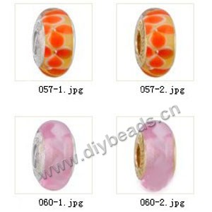 Bead,big-hole beads ,lampworked glass with silver-finished brass grommets,mixed colors and designs,6x12mm-8x14mm rondelle ,4mm spiral hole,sold per pkg of 10ps