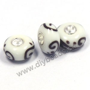 Bead,big-hole beads ,lampworked glass with silver-finished brass,15x8m rondelle ,white, mini order 100pcs