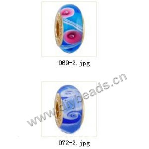 Bead,big-hole beads ,lampworked glass with brass grommets,mixed colors and designs,6x12mm-8x14mm rondelle ,4mm spiral hole,sold per pkg of 10ps