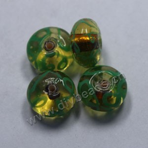 Bead,lampworked glass, clear and green with gold-colored foil painted swirls, 16x10mm rondelle. Sold per pkg of 500.