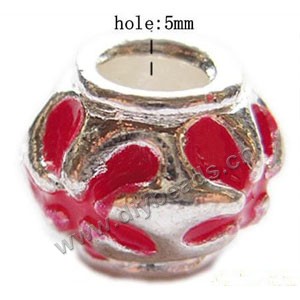 Bead, big-hole beads,silver-plated pewter and enameled , red, 10.5x13.5mm drum with flower, 5mm hole. Sold per pkg of 10ps