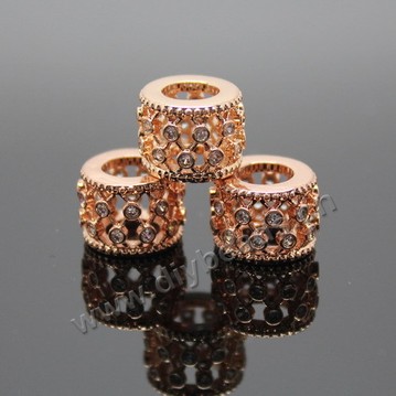 Bead,big-hole beads,rose gold plated copper,12x8mm rondelle with cz stone,Sold per pkg of 5ps