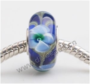 Bead, big-hole beads,Lampworked glass and silver-plated brass grommet,purple with flower, 14x7mm rondelle with 4.5 mm hole,sold per pkg of 50ps