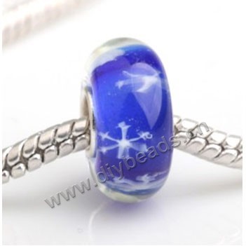 Bead, big-hole beads,Lampworked glass and 925 sterling silver grommet,blue with flower,14x7mm rondelle with 4.5 mm hole,sold per pkg of 50ps