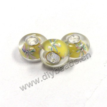 Bead,big-hole beads ,clear with yellow,lampworked glass with silver-finished brass,14x8m rondelle flower design,mini order 10pcs