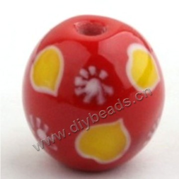 Bead, lampworked glass,red with flower, 18x18mm round.mini order 50pc 