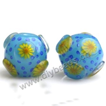 Bead,Japan lampworked glass,blue with bumpy flower, 16x16mm round.mini order 100pc 
