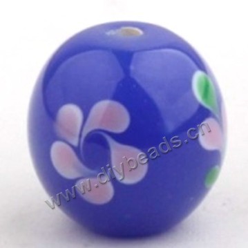 Bead, lampworked glass,purple with flower, 18x18mm round.mini order 50pc 