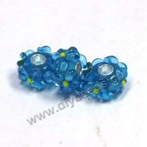 Bead,big-hole beads ,lampworked glass with silver-finished brass,16x10m rondelle,blue,mini order 50pcs