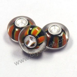 Bead,big-hole beads ,clear/black/yellow,lampworked glass with silver-finished brass,13x8m rondelle ,mini order 100pcs
