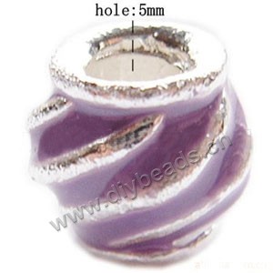 Bead, big-hole beads,silver-plated pewter and enameled , purple, 11.5x13mm fancy cylinder, 5mm hole. Sold per pkg of 10ps