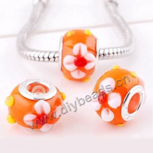 Bead,big-hole beads ,lampworked glass with silver-finished brass ,orange/white/yellow,10x14mm rondelle with flower/bumpy dots,5mm hole,sold per pkg of 10ps