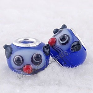 Bead, big-hole beads,lampworked glass and brass grommet,blue/white/black, 10x14mm rondelle with cat, 4.5mm hole. Sold per pkg of 10