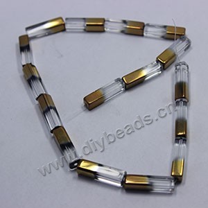 Bead ,copper-plated glass, clear 5x20mm square tube. Sold per pkg of ten 35cm strand.