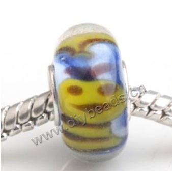 Bead, big-hole beads,Lampworked glass and silver-plated brass grommet,yellow with animal,14x7mm rondelle with 4.5 mm hole,sold per pkg of 50ps