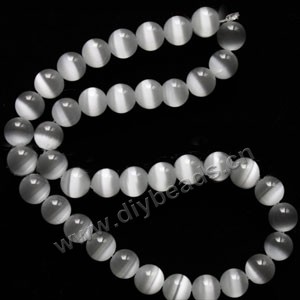 Bead, cat's eye glass,white, 10mm round, quality grade. Sold  (3) 14.5-inch strands.