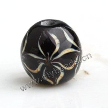 Bead,Japan lampworked glass,black with flower, 14x14mm round.mini order 100pc 