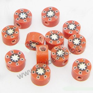 Bead, polymer clay, red/balck/white, 6x4mm double-sided flat round with star. Sold per pkg of 24.