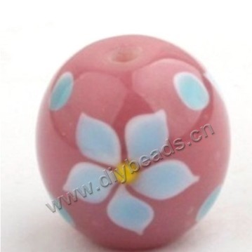 Bead, lampworked glass,pink with flower, 18x18mm round.mini order 50pc 