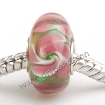 Bead, big-hole beads,Lampworked glass and silver-plated brass grommet,pink with flower,14x7mm rondelle with 4.5 mm hole,sold per pkg of 50ps