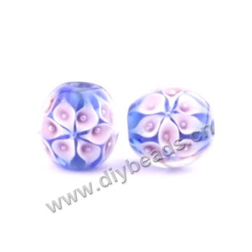 Bead, lampworked glass,purple with flower, 16x16mm round.mini order 50pc 