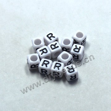 Bead, acrylic,White,alphabet is R, 6x6mm cube with 3.5mm drill hole. Sold per pkg of 100ps