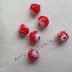 Bead, lampworked glass, opaque red, 8mm round with wards off 3 evil eye design. Sold per pkg of 20.
