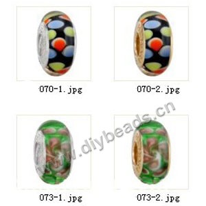 Bead,big-hole beads ,lampworked glass with silver-finished brass grommets,mixed colors and designs,6x12mm-8x14mm rondelle ,4mm spiral hole,sold per pkg of 10ps