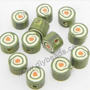 Bead, polymer clay, gren/pink, 6x4mm double-sided flat round with swirls. Sold per pkg of 24.