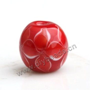 Bead,Japan lampworked glass,red with flower, 14x14mm round.mini order 100pc 