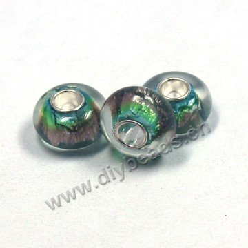 Bead,big-hole beads ,clear with green,lampworked glass with silver-finished brass,14x8m rondelle ,mini order 10pcs