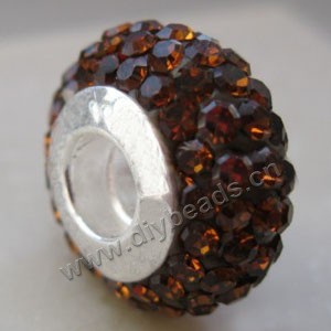 Bead, big-hole beads,rhinestone and silver-finshed brass grommet, brown, 8x14mm rondelle with 5 mm hole,sold per pkg of 10ps