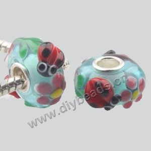 Bead, big-hole beads,lampworked glass and brass grommet,blue/red, 8x14mm rondelle with ladybug design, 4.5mm hole. Sold per pkg of 50