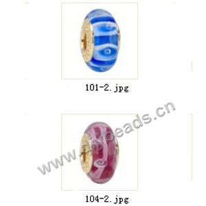 Bead,big-hole beads ,lampworked glass with brass grommets,mixed colors and designs,6x12mm-8x14mm rondelle ,4mm spiral hole,sold per pkg of 10ps