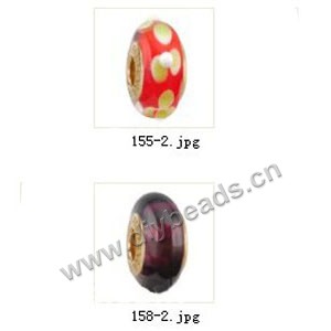 Bead,big-hole beads ,lampworked glass with brass grommets,mixed colors and designs,6x12mm-8x14mm rondelle ,4mm spiral hole,sold per pkg of 10ps